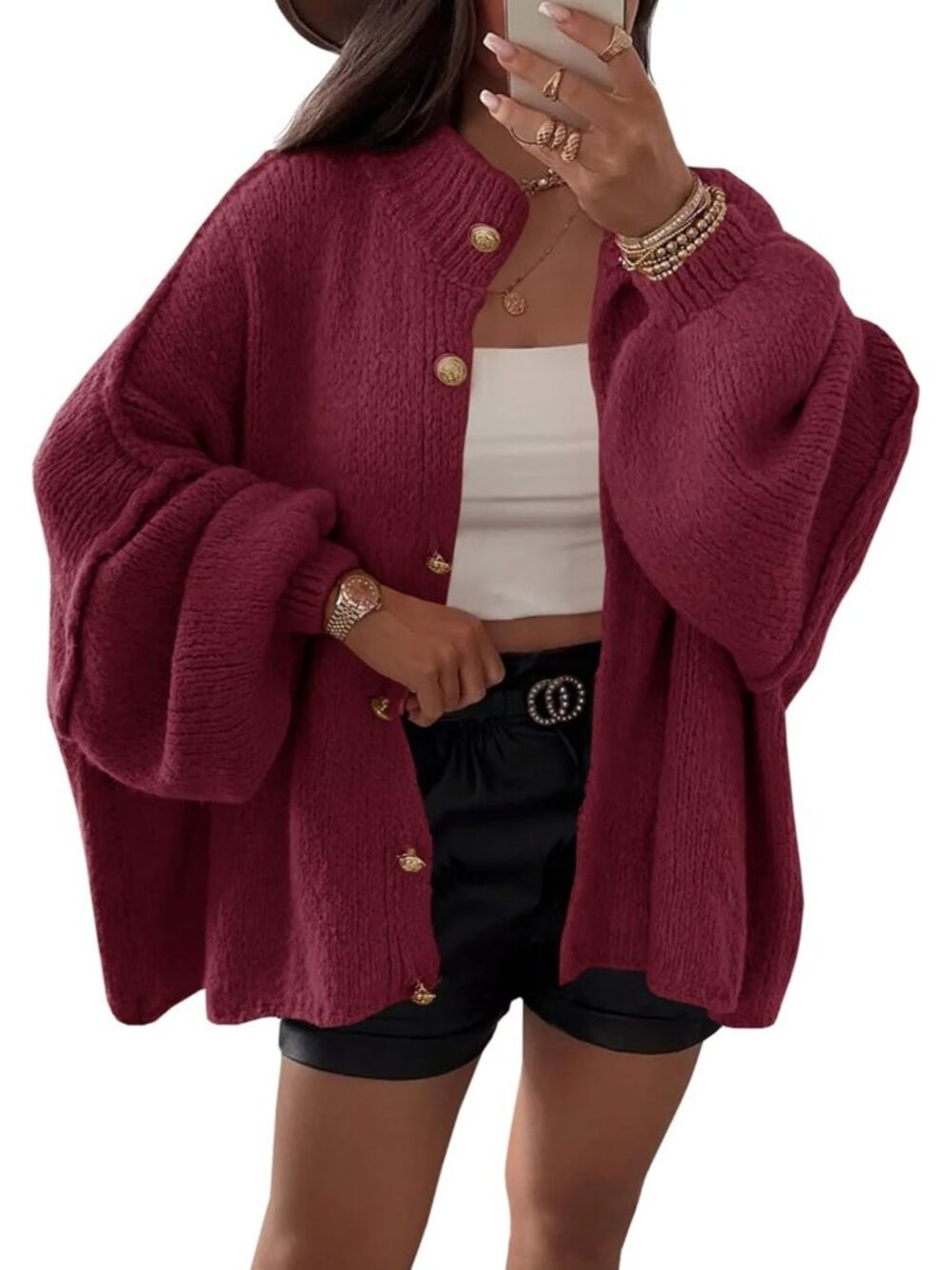 Women's Wine Red Lantern Sleeve Button Down Casual Chunky Knit Cardigan Sweater